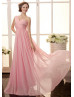 Pink Chiffon Beads One Shoulder Long Prom Dress
